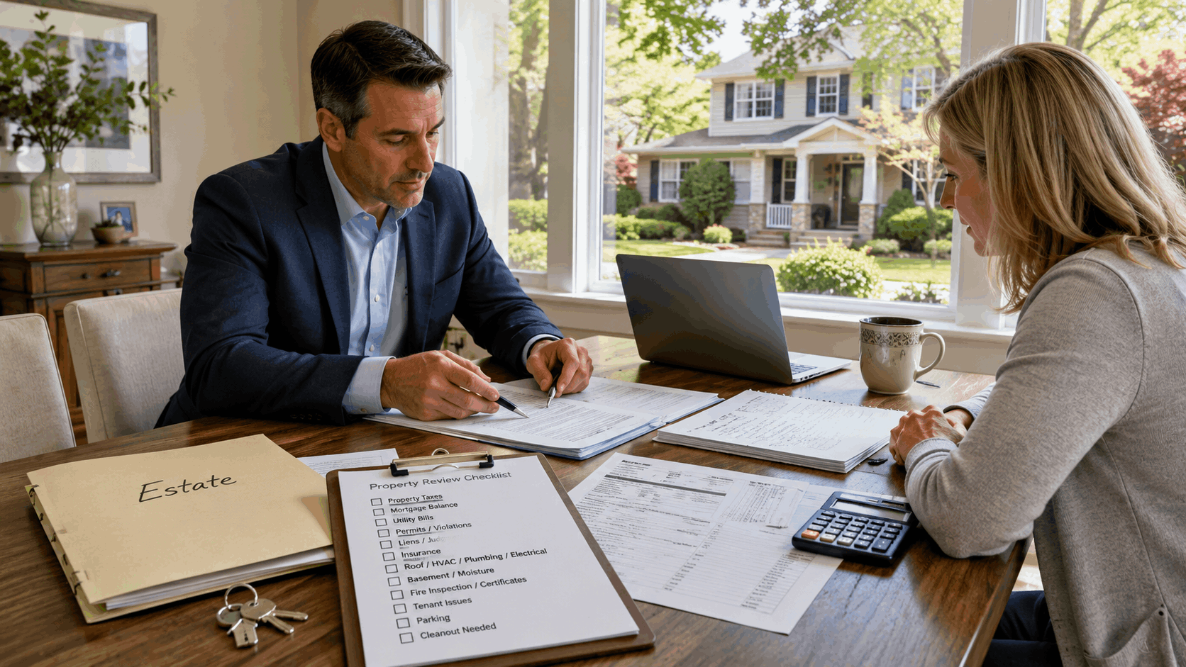 Probate home sale consultation in New Jersey, with a realtor and family member reviewing estate documents, property taxes, liens, permits, and a pre-listing property checklist.