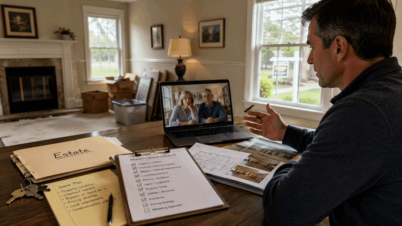 Local New Jersey realtor helping an out-of-state family manage a probate home sale through a video call, property review checklist, estate documents, and cleanout planning.