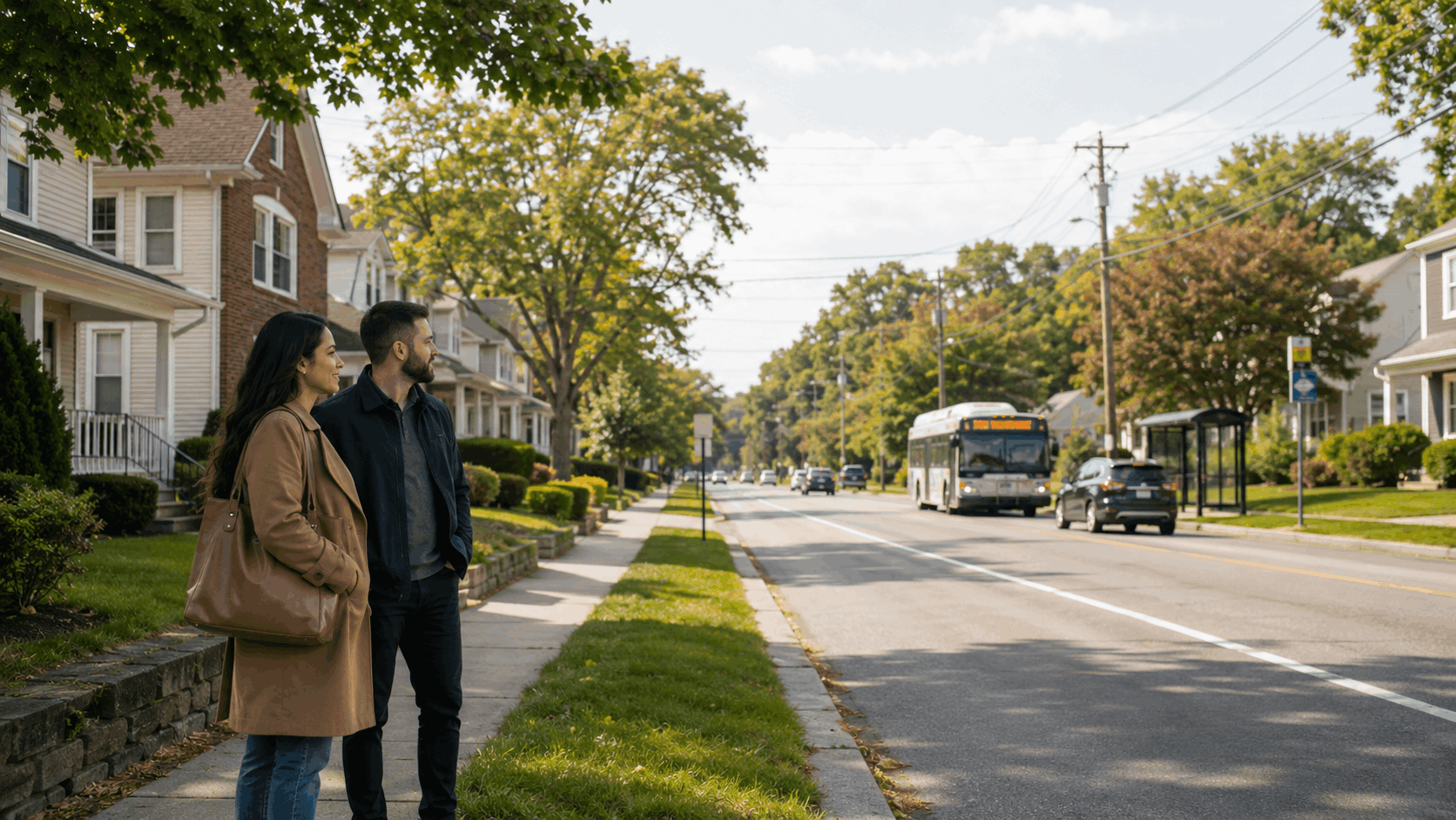 Young couple exploring Allwood in Clifton, New Jersey, near a bus stop and residential homes, highlighting commuter-friendly access with a neighborhood feel.
