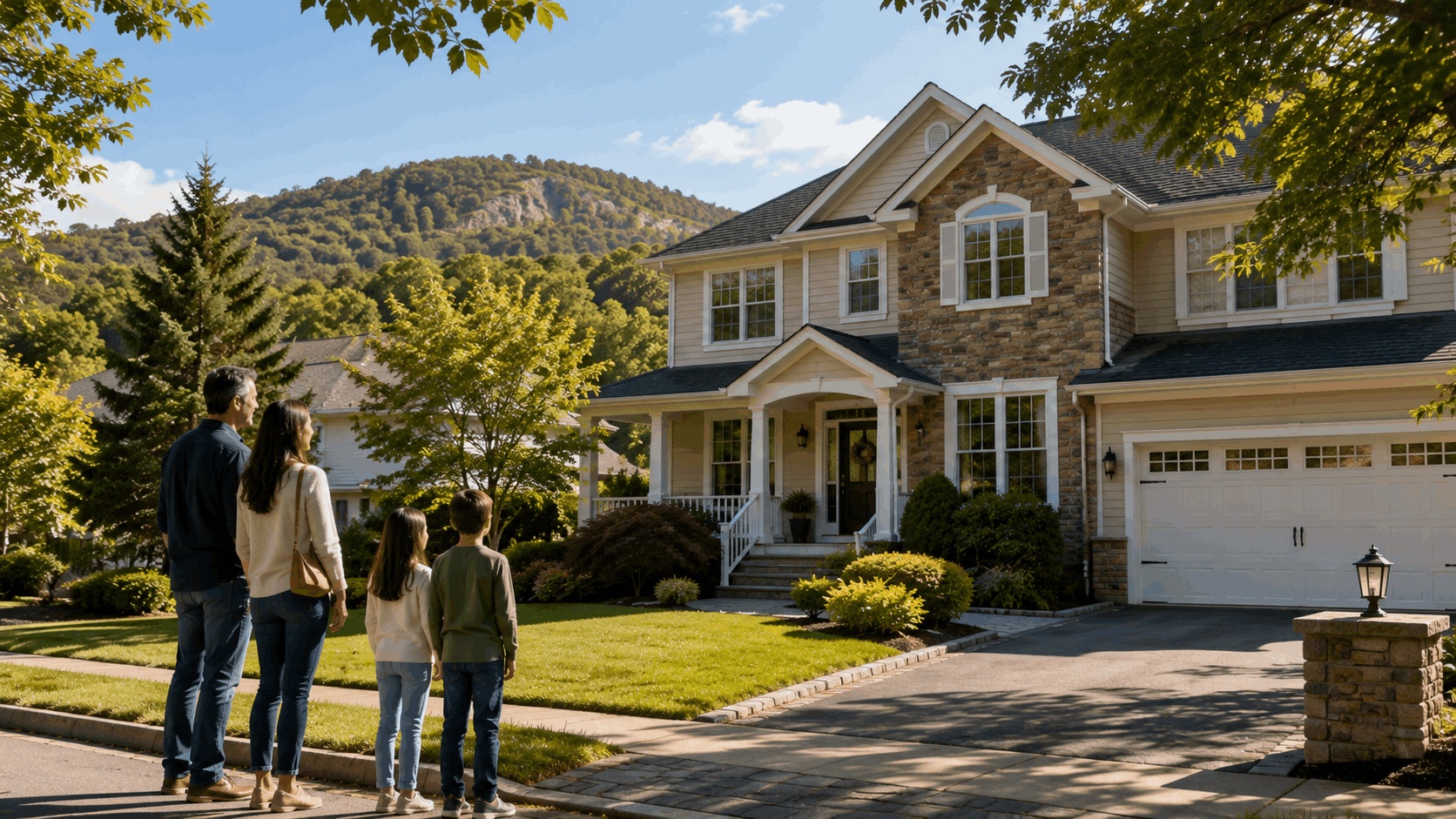 Family viewing a spacious Montclair Heights home in Clifton, New Jersey, with private landscaping, driveway parking, mature trees, and Garret Mountain nearby.