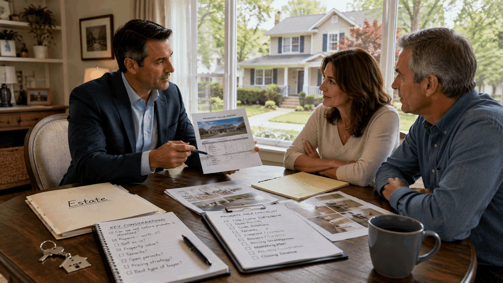 Local probate realtor meeting with a North Jersey family to review estate paperwork, property value, repairs, permits, and a clear home-selling strategy.