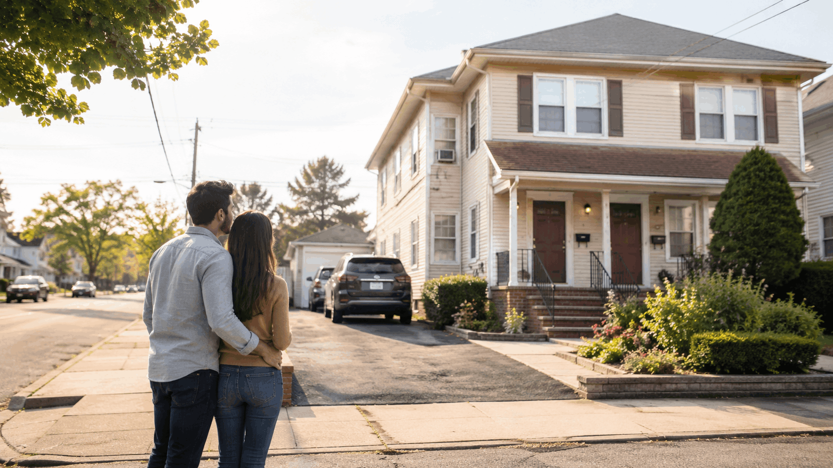 First-time buyers viewing a two-family home in Athenia, Clifton, New Jersey, with separate entrances, driveway parking, and rental income potential.