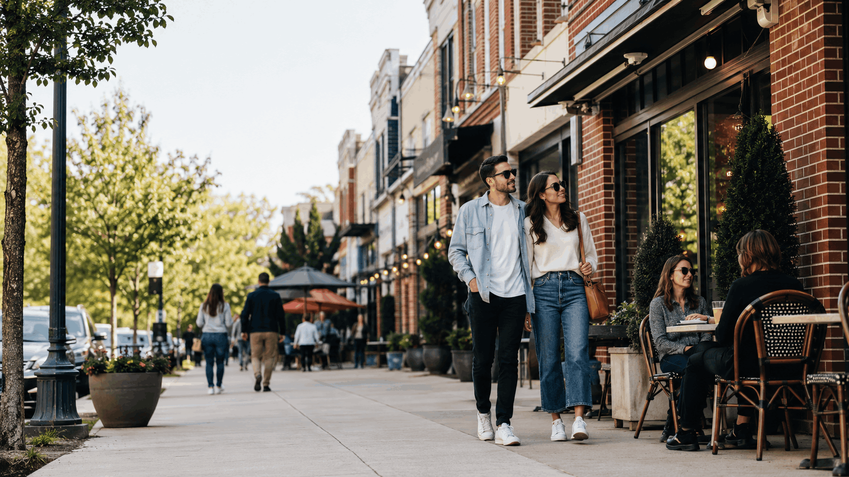 Couple walking through Botany Village in Clifton, New Jersey, near local restaurants, cafés, shops, and sidewalk seating, highlighting the area’s walkable neighborhood energy.