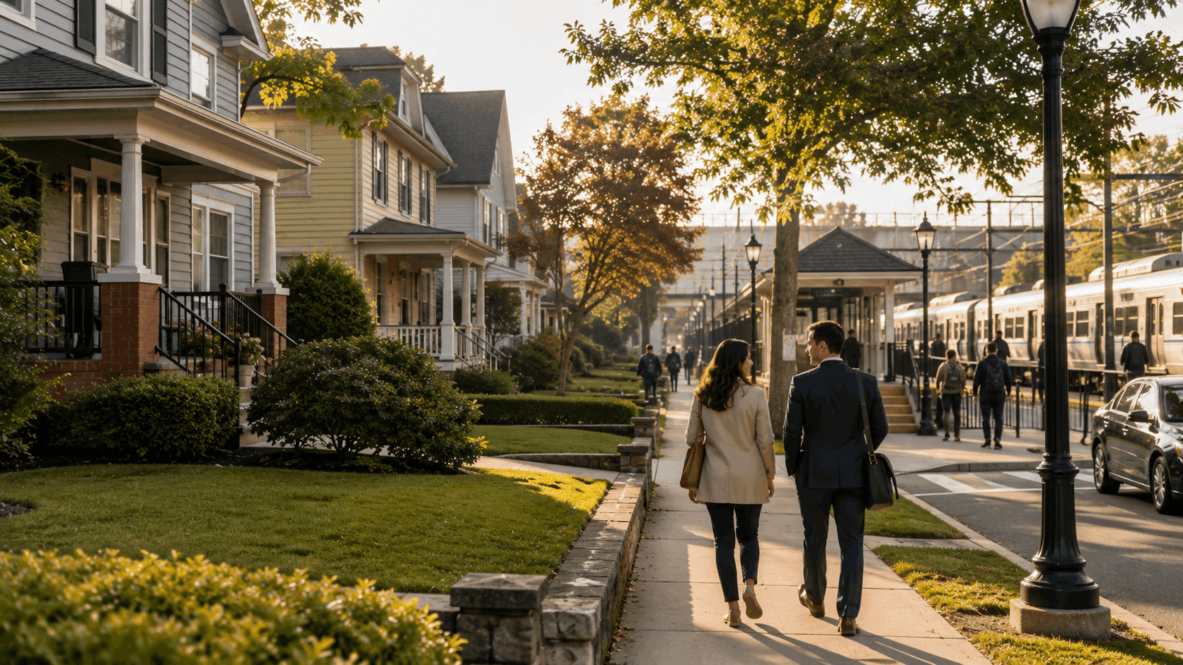 Professional couple walking from a quiet Delawanna neighborhood toward a nearby train station in Clifton, New Jersey, highlighting easy rail access for commuters.
