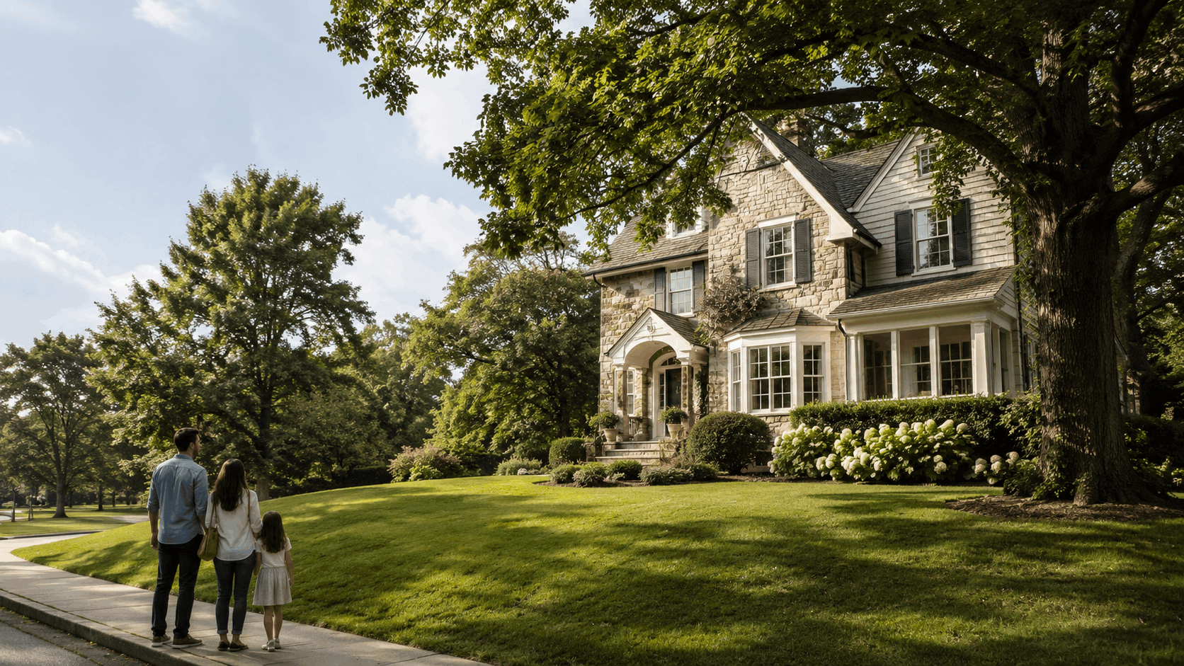 Family viewing a classic Rosemawr home in Clifton, New Jersey, with a large lot, mature trees, quiet street, and long-term space to grow.