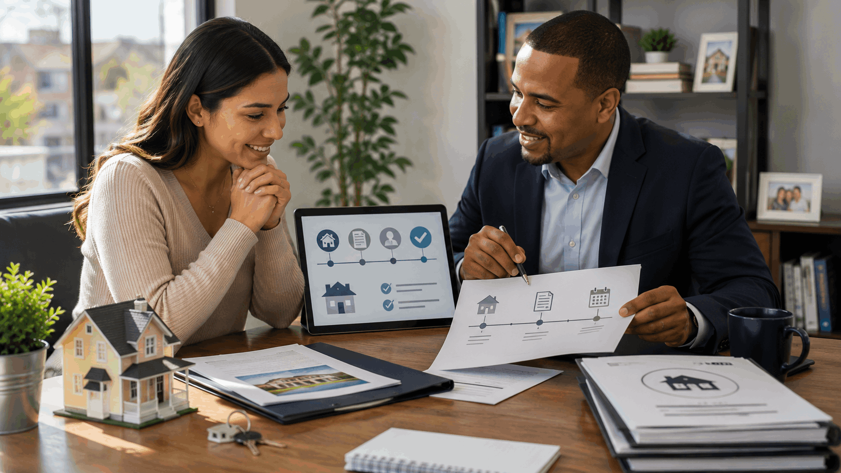 First-time homebuyer meeting with a mortgage advisor to review eligibility, homeownership history, and NJHMFA assistance options in New Jersey.