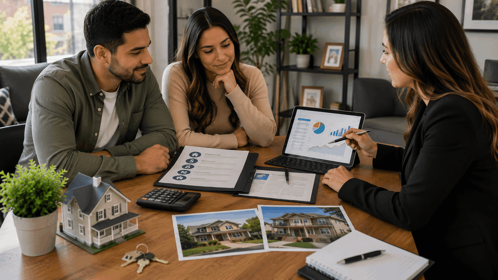 First-time homebuyers meeting with a real estate and mortgage advisor to review financing, down payment assistance, budgeting, and home options before starting their search.
