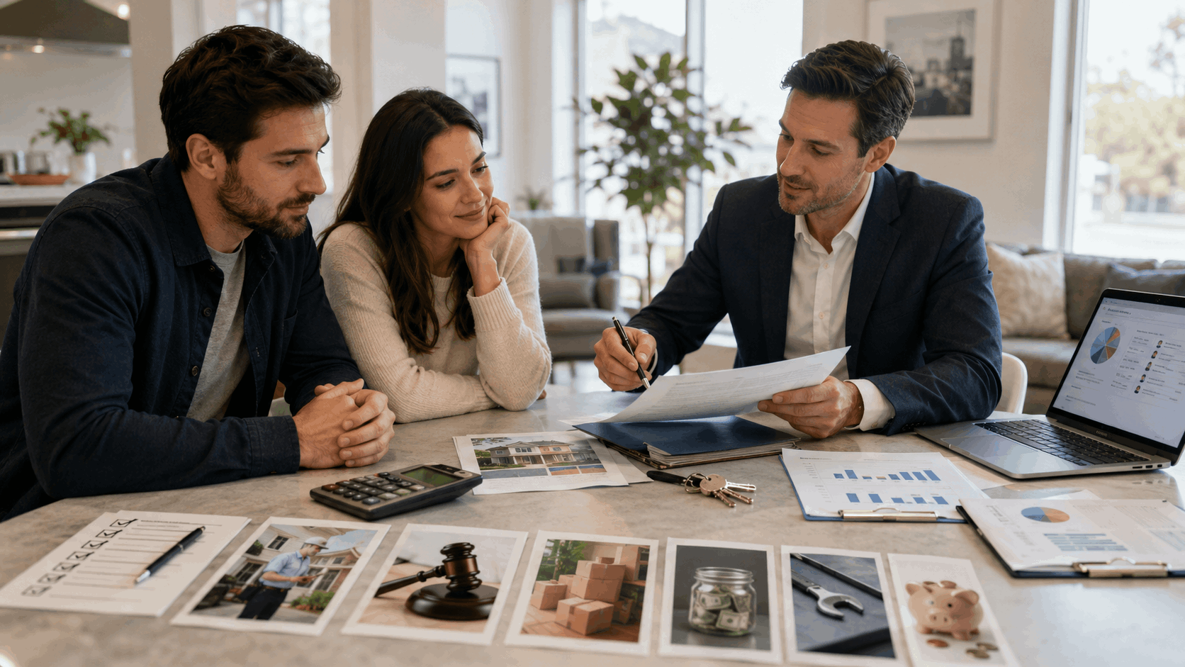 First-time buyers reviewing a full homebuying budget with a lender, including inspection, legal, moving, reserve, repair, and other costs beyond down payment assistance.