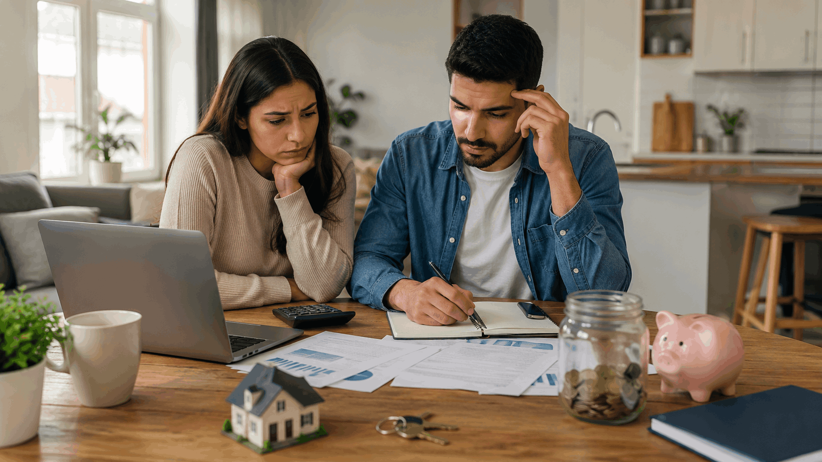 First-time homebuyers reviewing savings, homebuying documents, and down payment costs while planning their path from renting to homeownership.