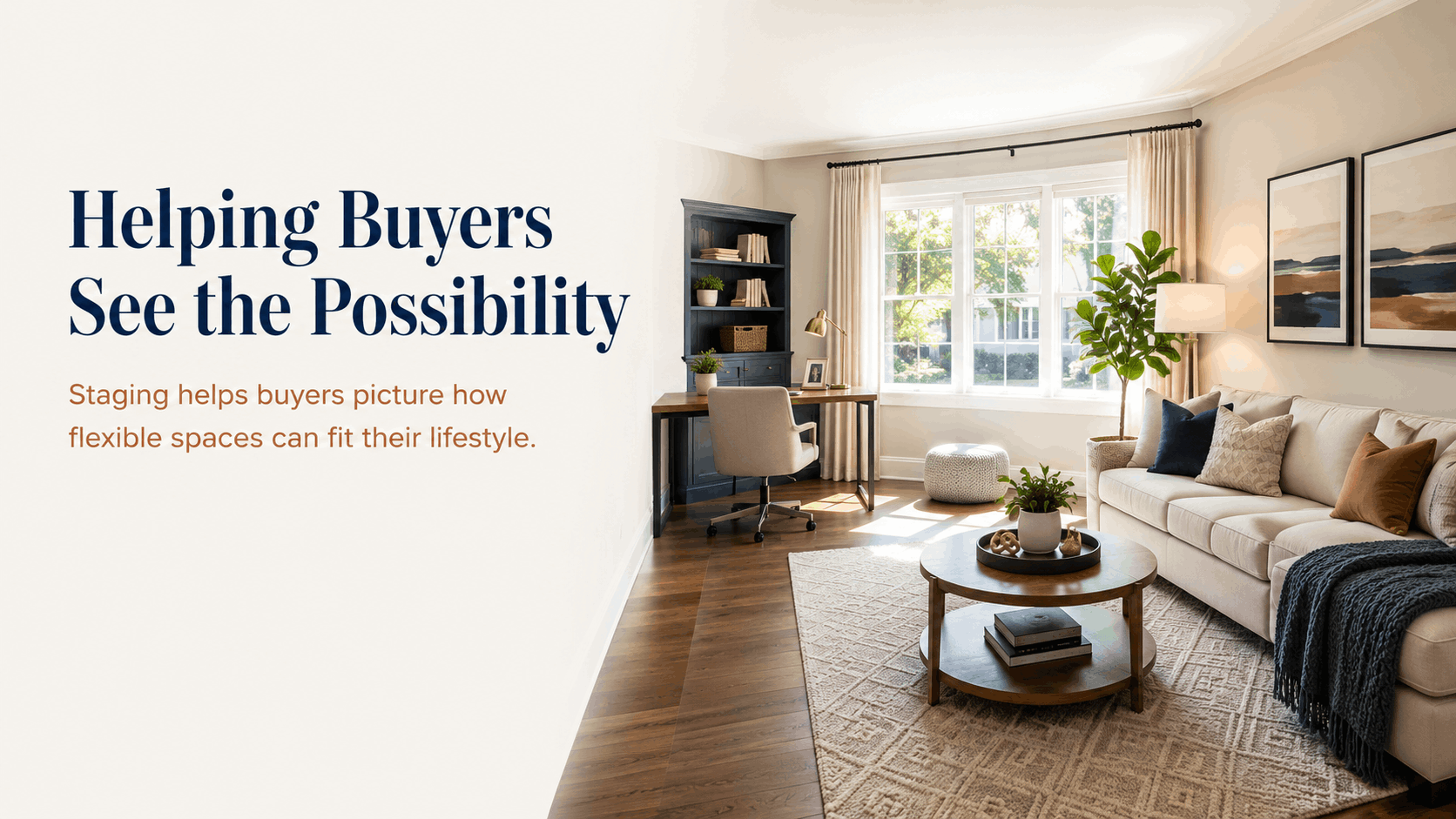Staged flexible room in a Clifton, New Jersey home showing a home office and living area to help buyers picture how the space can fit their lifestyle.