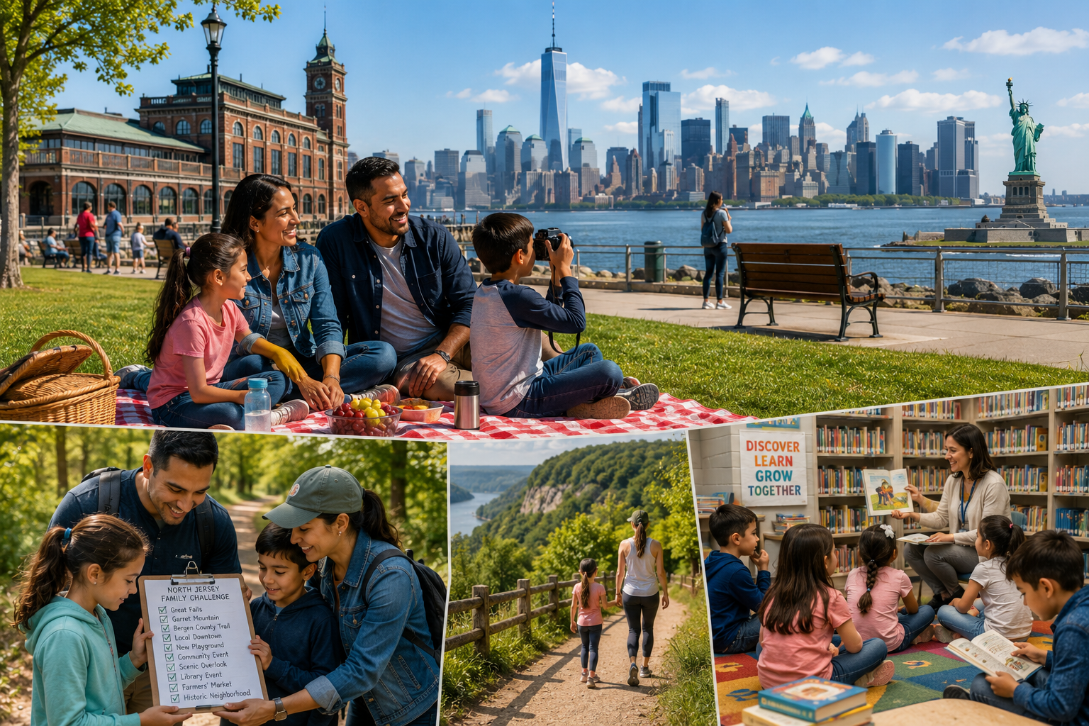 Family enjoying a picnic at Liberty State Park with Manhattan skyline views, a North Jersey family challenge, scenic hiking, and a local library storytime activity.