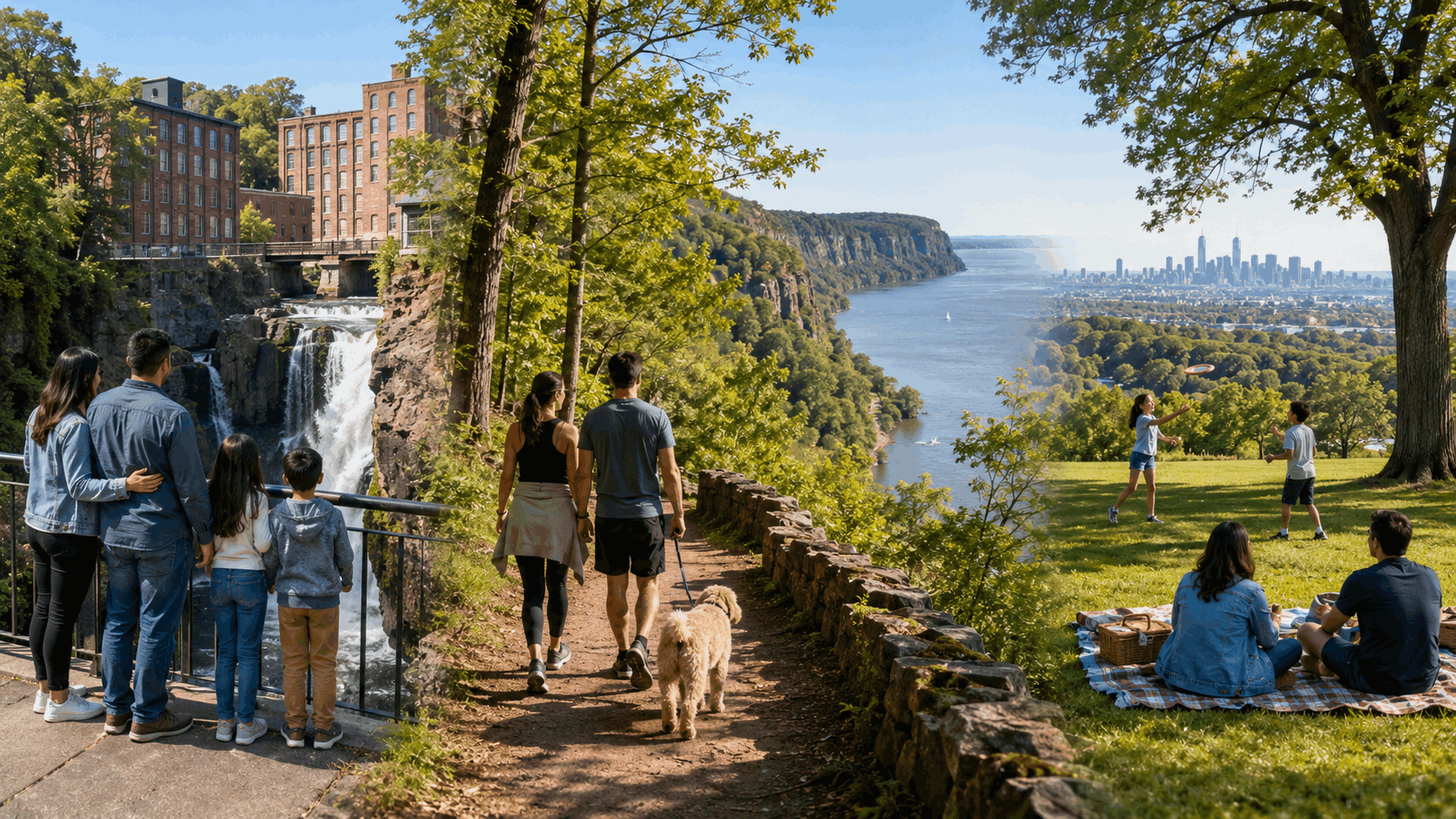 Family enjoying Paterson Great Falls, Palisades Interstate Park hiking trails, and Garret Mountain Reservation in North Jersey.