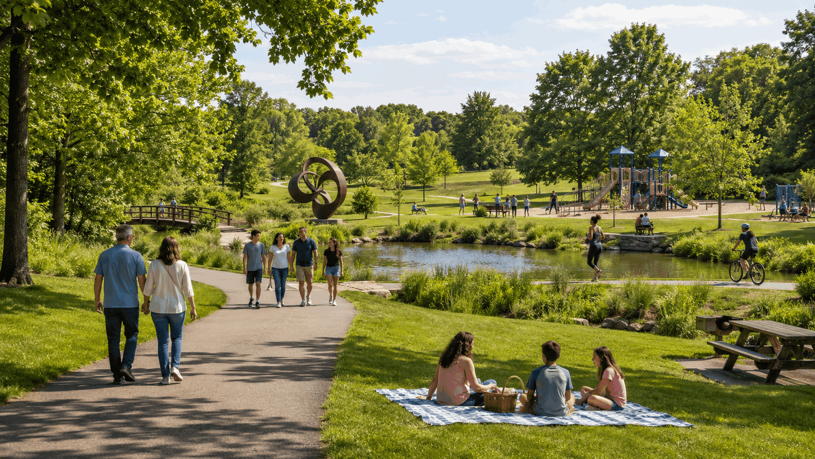 Families enjoying walking paths, public art, playgrounds, picnic areas, and biking trails at Bergen County parks in North Jersey.