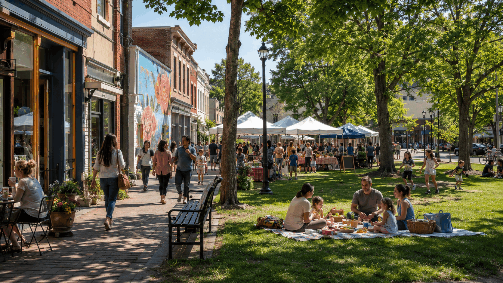Families enjoying a walkable North Jersey downtown, local farmers market, community event, and picnic in a neighborhood park.