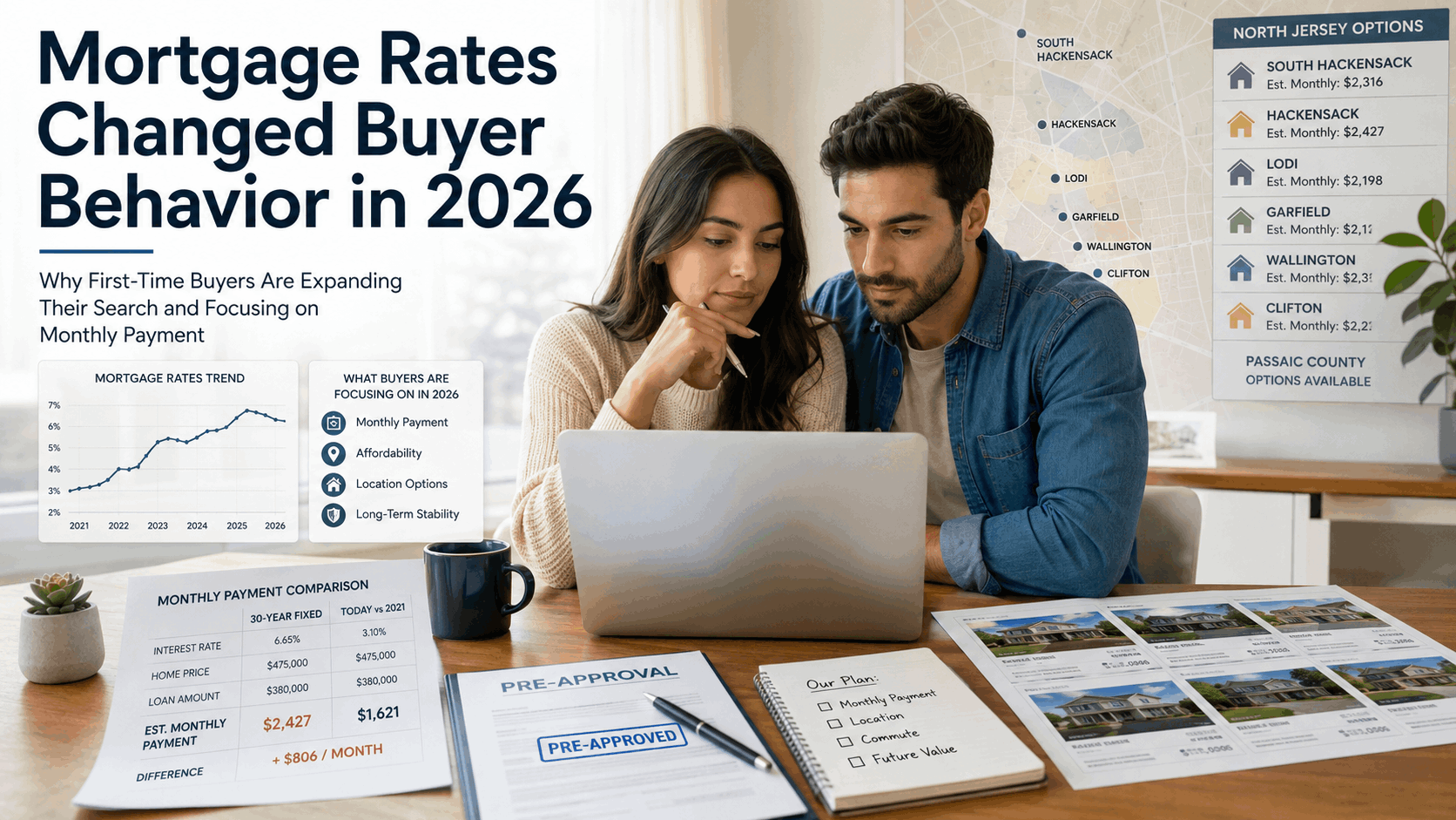 First-time buyers reviewing mortgage rates, monthly payments, pre-approval, and North Jersey home options in South Hackensack, Hackensack, Lodi, Garfield, Wallington, Clifton, and Passaic County.