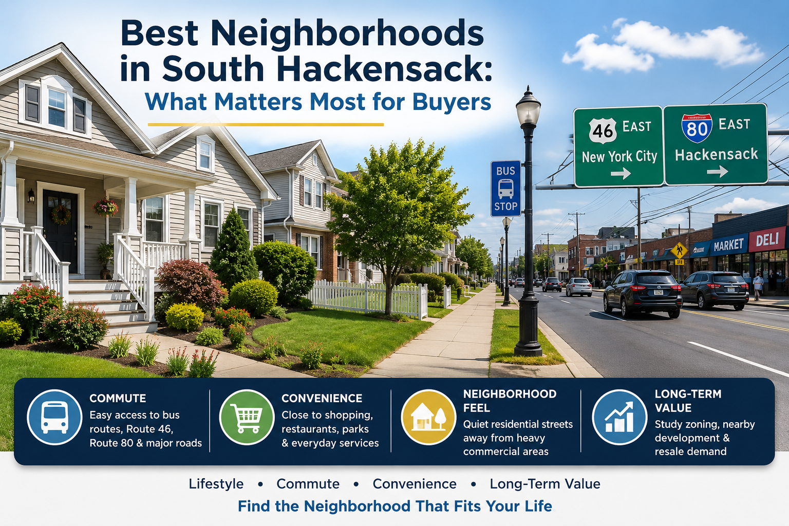 Best neighborhoods in South Hackensack NJ with homes, bus stop, Route 46, Route 80, local shops, and buyer lifestyle factors.