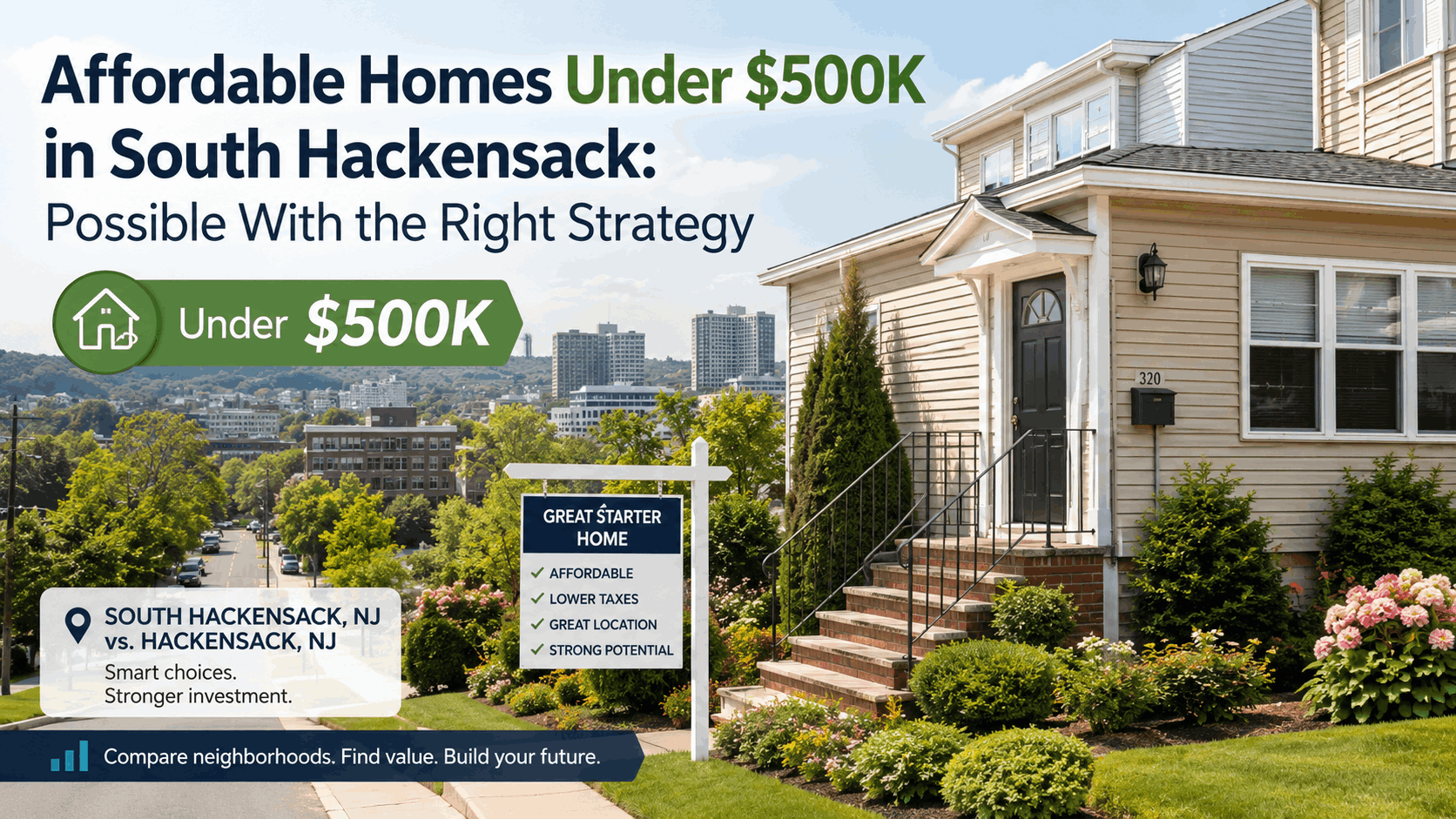 Affordable homes under $500K in South Hackensack NJ with starter home, neighborhood comparison, and first-time buyer strategy theme.