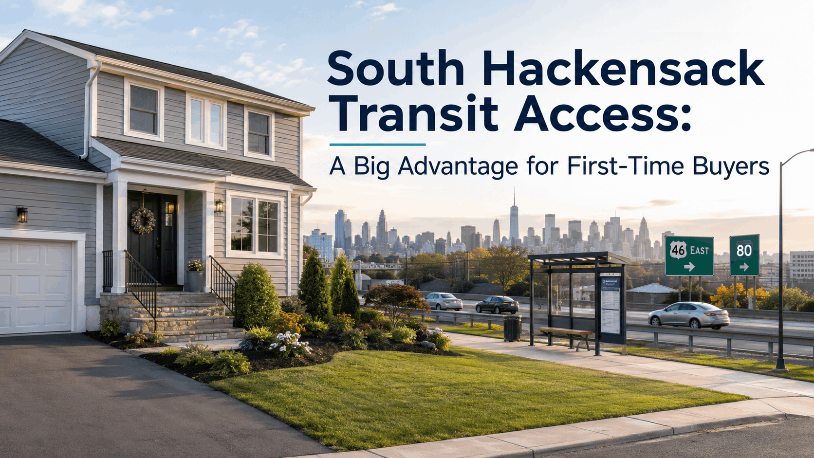 South Hackensack starter home near bus stop, Route 46, Route 80, and NYC skyline showing convenient transit access for first-time buyers.