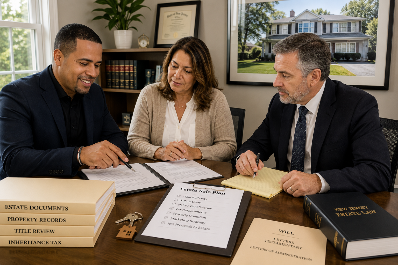 Executor, real estate professional, and estate attorney reviewing probate documents before listing an inherited North Jersey home for sale.