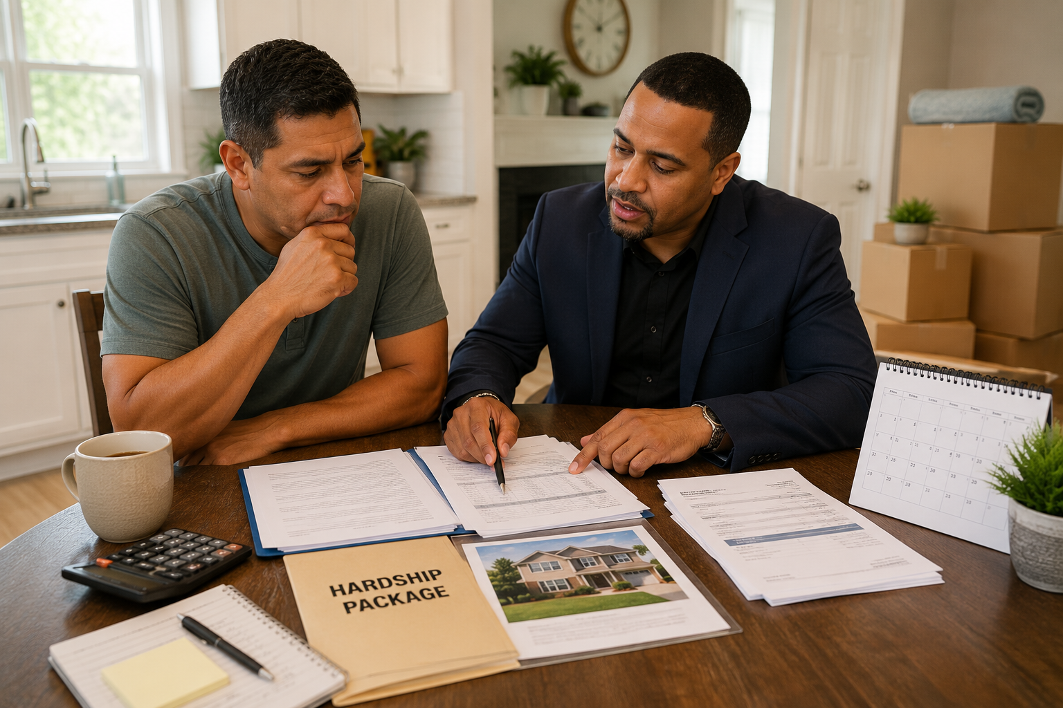 Homeowner and real estate professional reviewing a hardship package, mortgage documents, property details, and short sale timeline to explore possible relocation assistance.