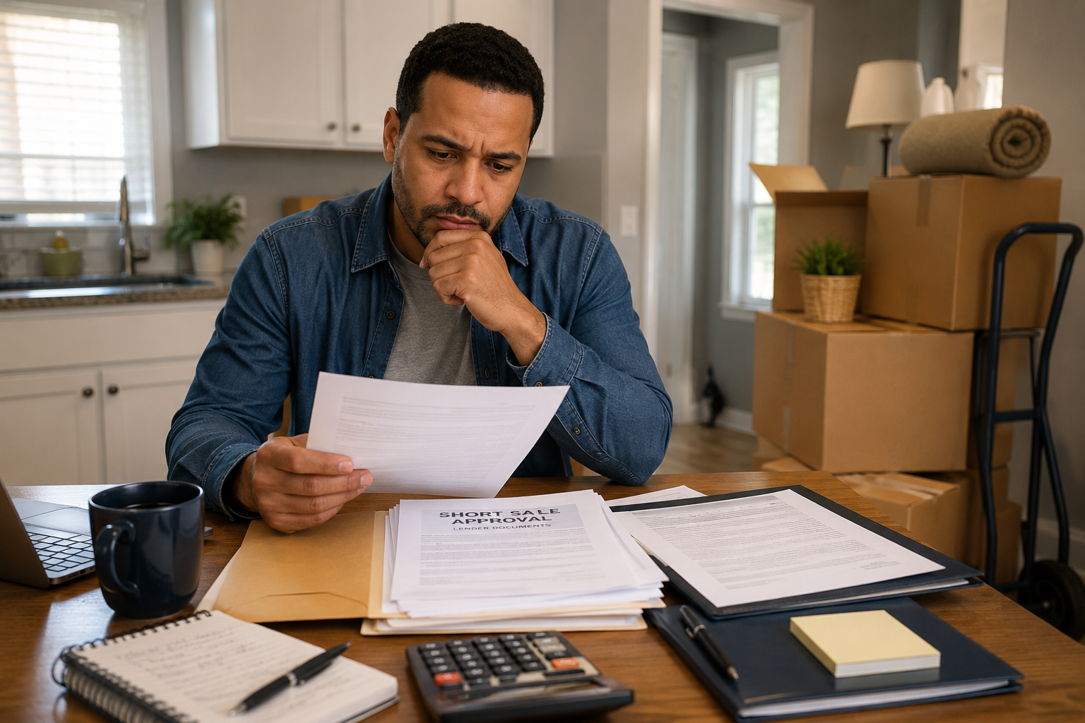 Homeowner reviewing short sale approval paperwork and moving plans in a New Jersey home, with packed boxes representing possible relocation assistance.