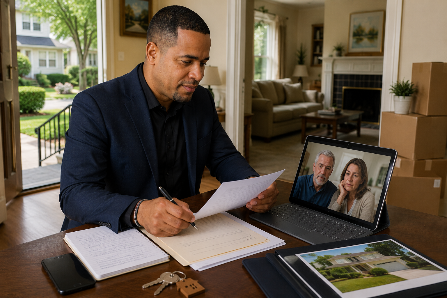 Real estate professional coordinating an inherited North Jersey home sale with out-of-state family members by video call.