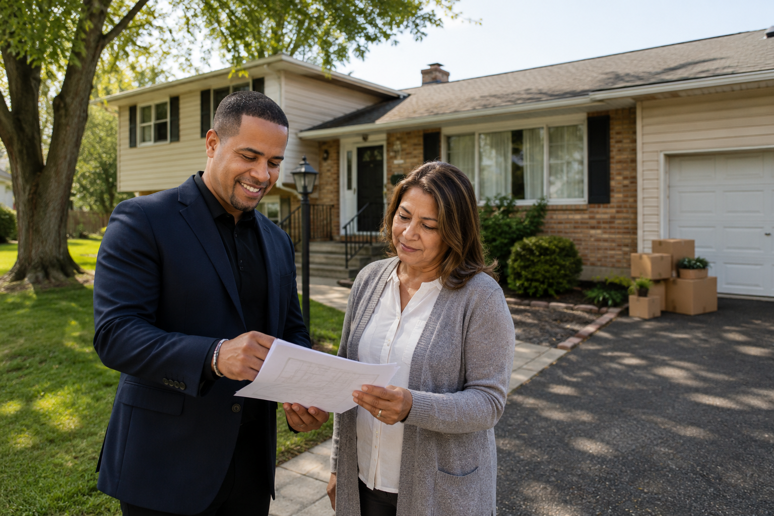 Real estate professional reviewing an as-is home sale plan with an executor outside a well-kept North Jersey inherited property.