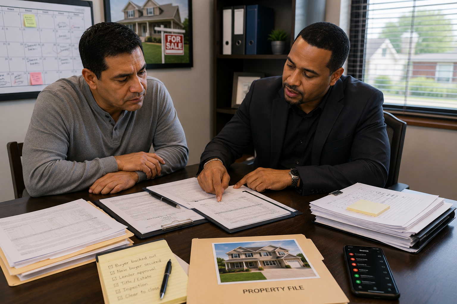 Real estate professional guiding a North Jersey homeowner through a complex short sale with lender documents, title paperwork, inspection notes, buyer updates, and closing deadlines.