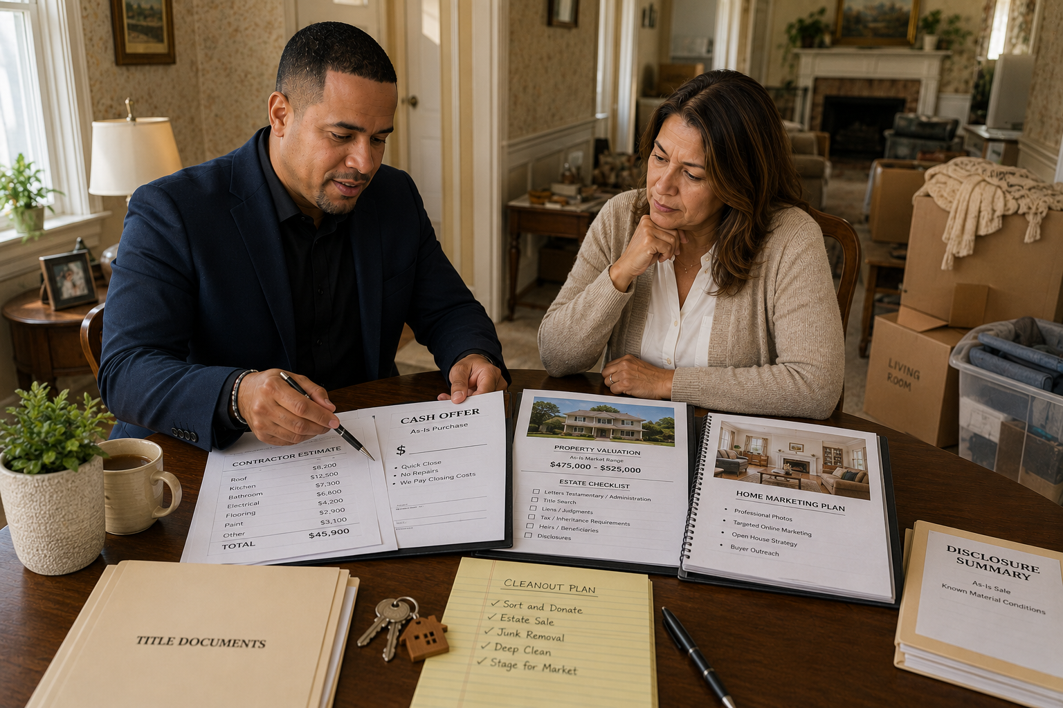 Real estate professional helping an executor compare a cash offer, repair costs, valuation, cleanout plan, and disclosures for an inherited North Jersey home.
