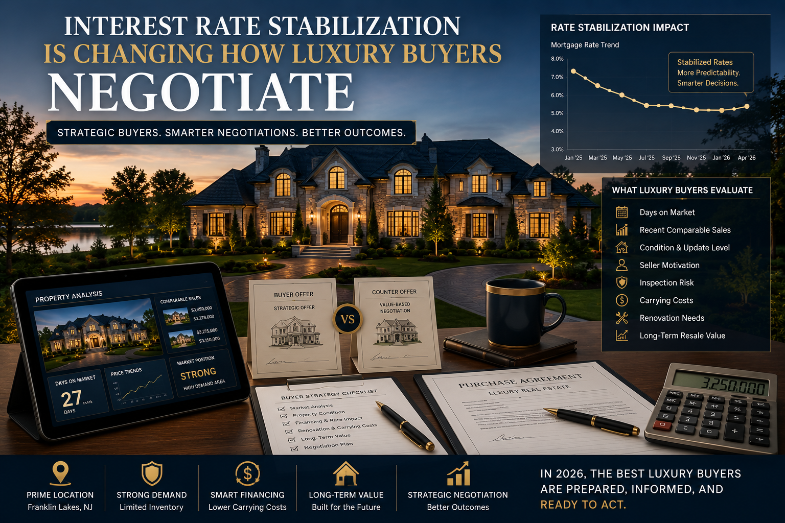 Franklin Lakes luxury home negotiation 2026 showing a high-end estate, interest rate trend chart, buyer offer documents, property analysis dashboard, and strategic real estate decision factors.