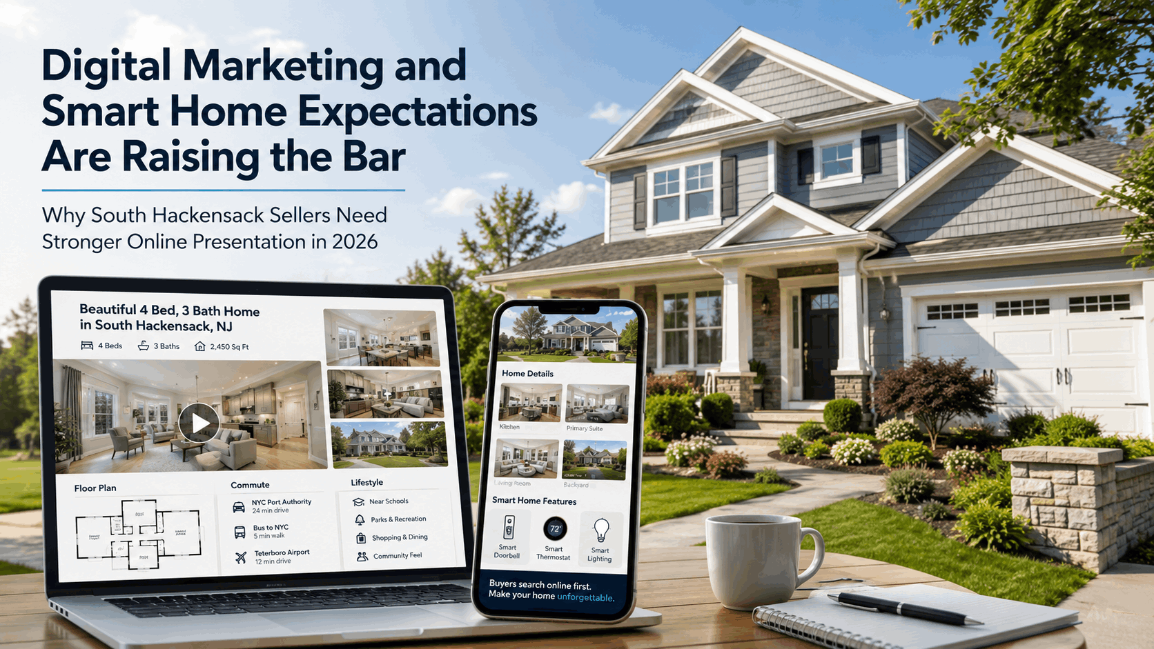 South Hackensack home with laptop and smartphone showing digital listing photos, floor plan, video marketing, commute details, and smart home features for 2026 sellers.