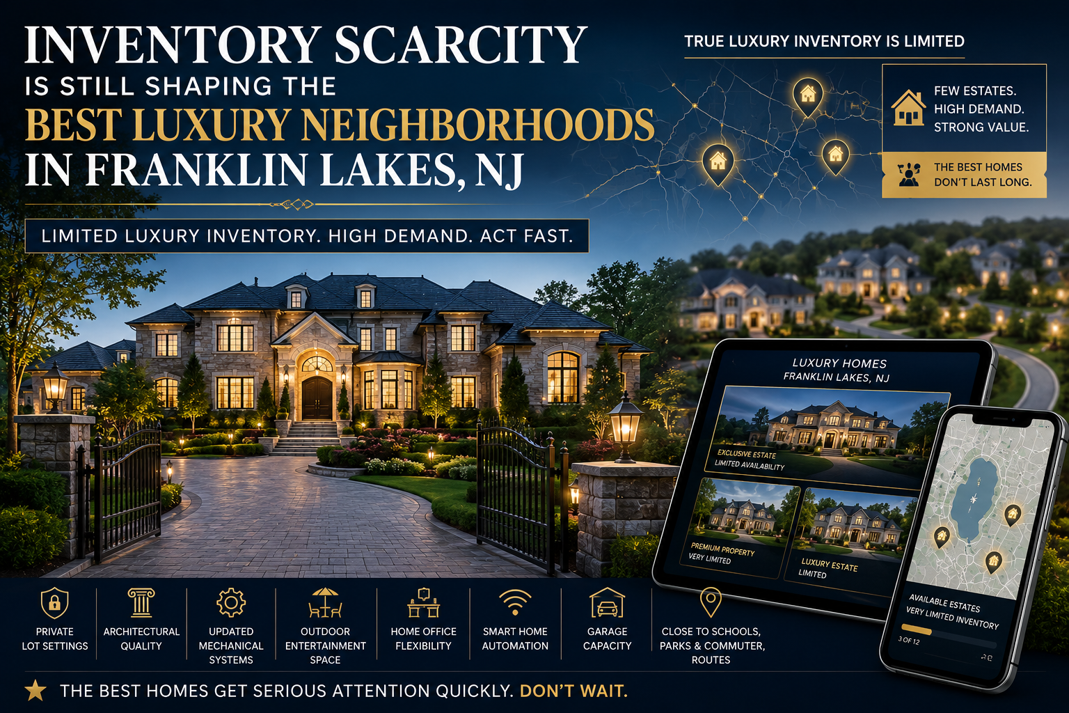 Franklin Lakes luxury homes inventory scarcity 2026 featuring a gated estate, limited luxury listings map, high-demand market signals, and smart home buyer features in Bergen County.