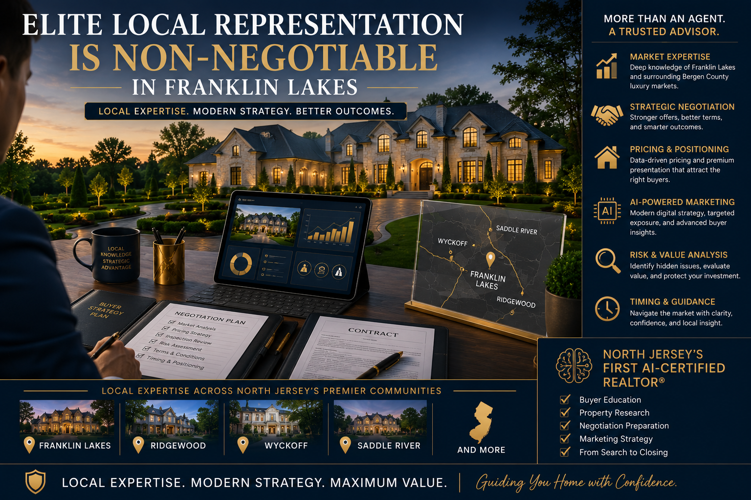 Elite local representation in Franklin Lakes luxury real estate featuring a high-end estate, advisor strategy desk, Bergen County map, AI-powered marketing, negotiation planning, and property value analysis.