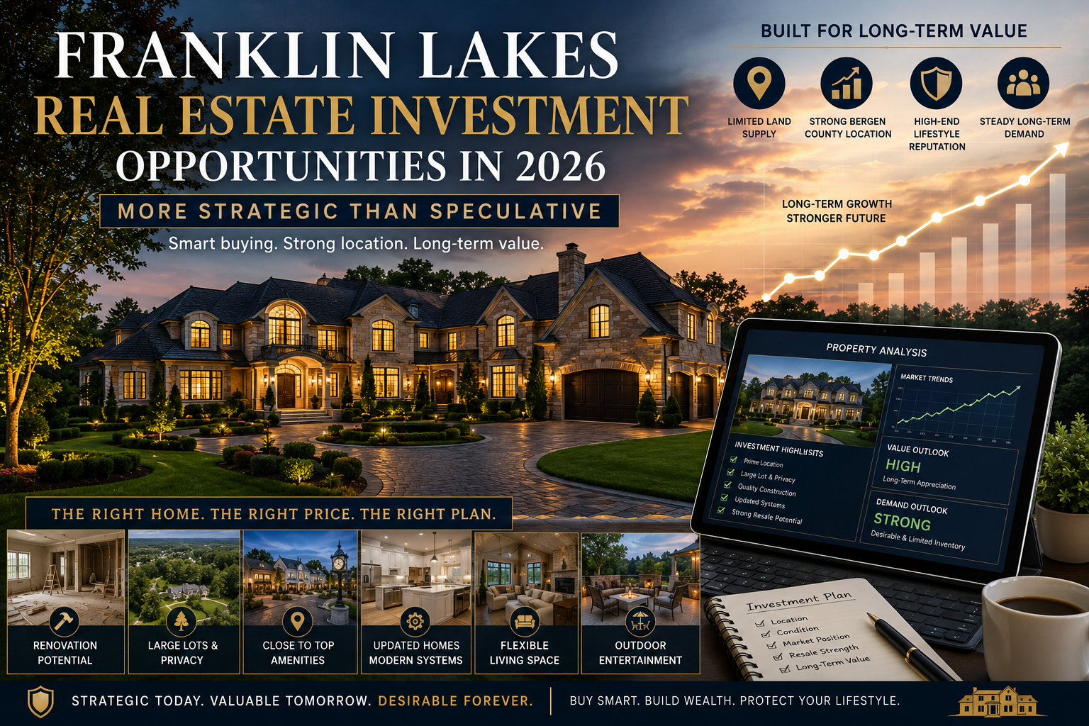 Franklin Lakes real estate investment opportunities 2026 featuring a luxury estate, property analysis dashboard, long-term value graph, renovation potential, large lot privacy, and Bergen County market strategy.
