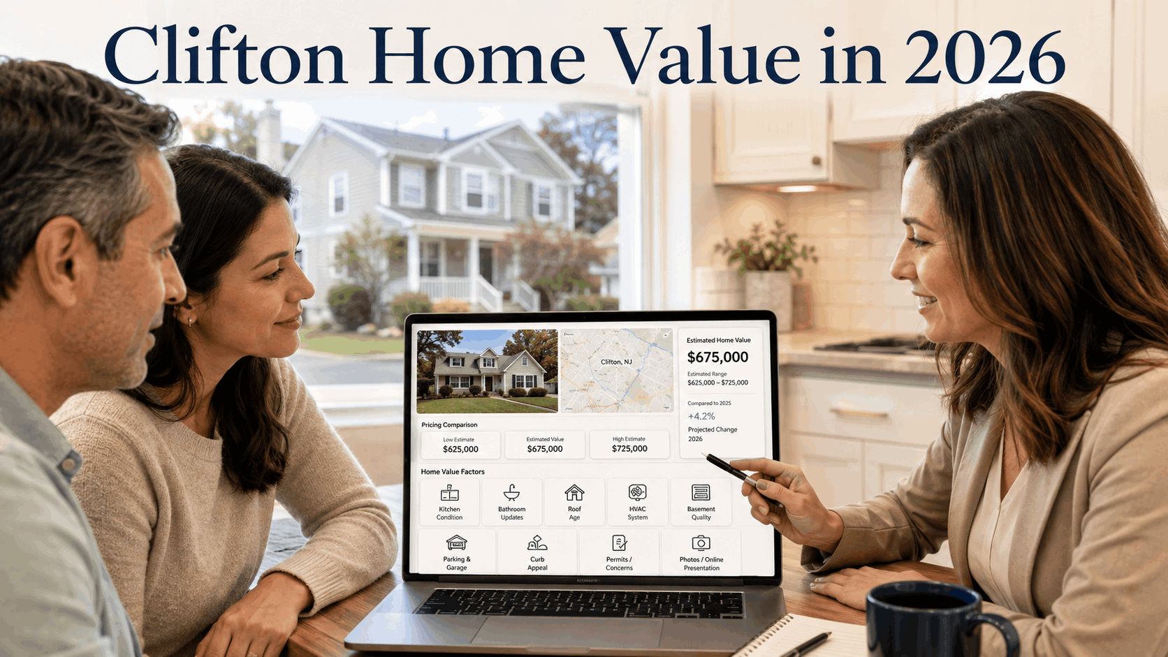 Local real estate advisor reviewing a Clifton NJ home value estimate with homeowners on a laptop, showing pricing factors like kitchen updates, roof age, HVAC, parking, permits, curb appeal, and online presentation for the 2026 housing market.