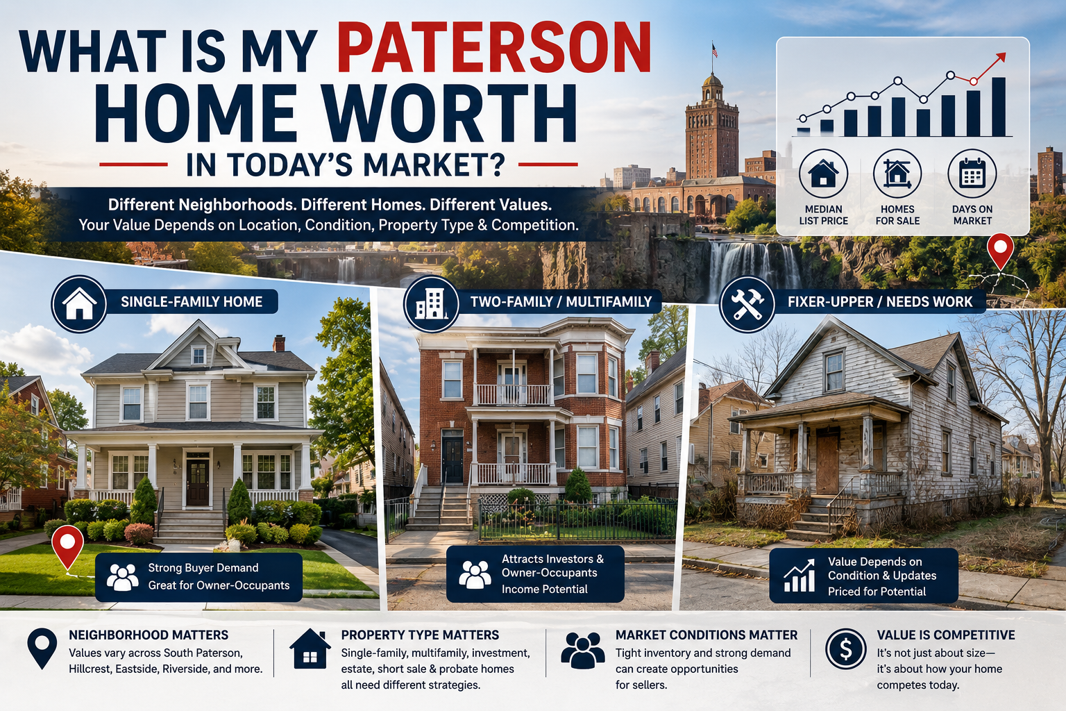Paterson NJ real estate market outlook showing single-family, multifamily, and fixer-upper homes with neighborhood value comparison and home pricing trends.