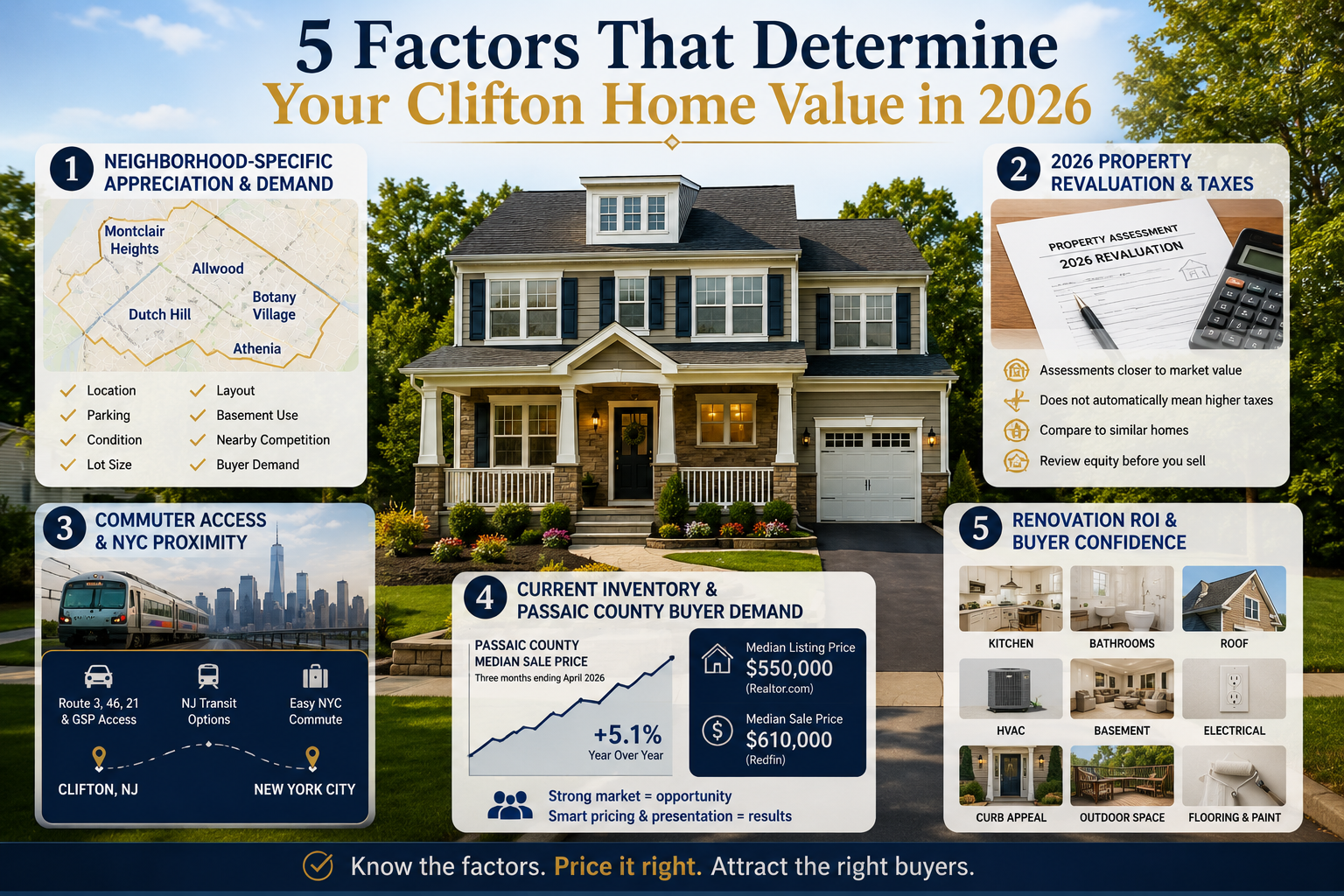 Infographic showing five factors that determine Clifton NJ home value in 2026, including neighborhood demand, property revaluation, NYC commuter access, Passaic County buyer demand, and renovation ROI around a suburban Clifton home.