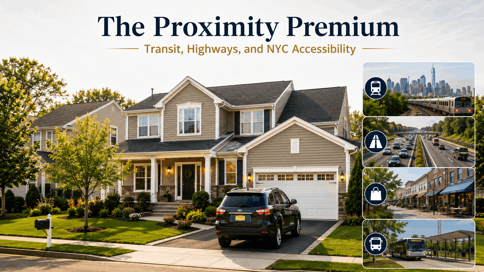 Totowa NJ home with driveway and commuter lifestyle visuals showing transit, highways, shopping access, and NYC accessibility as factors that can increase home value.