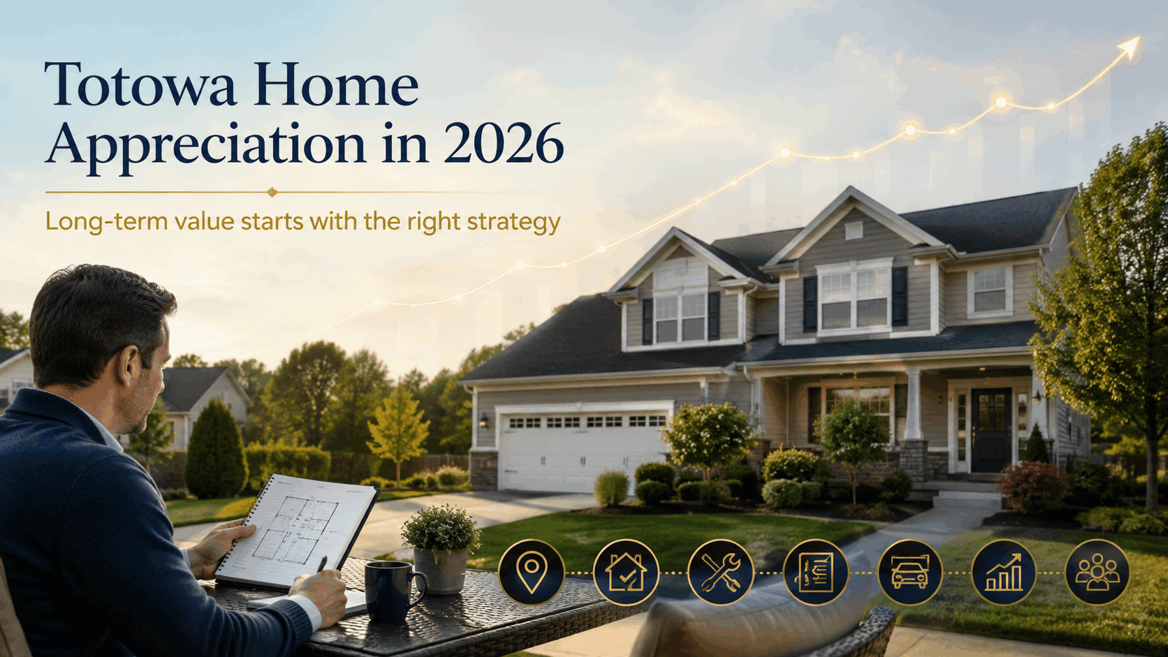Totowa NJ home with upward appreciation chart and buyer reviewing property strategy, representing 2026 home value growth, investment potential, location, condition, parking, repairs, resale appeal, and long-term real estate planning.