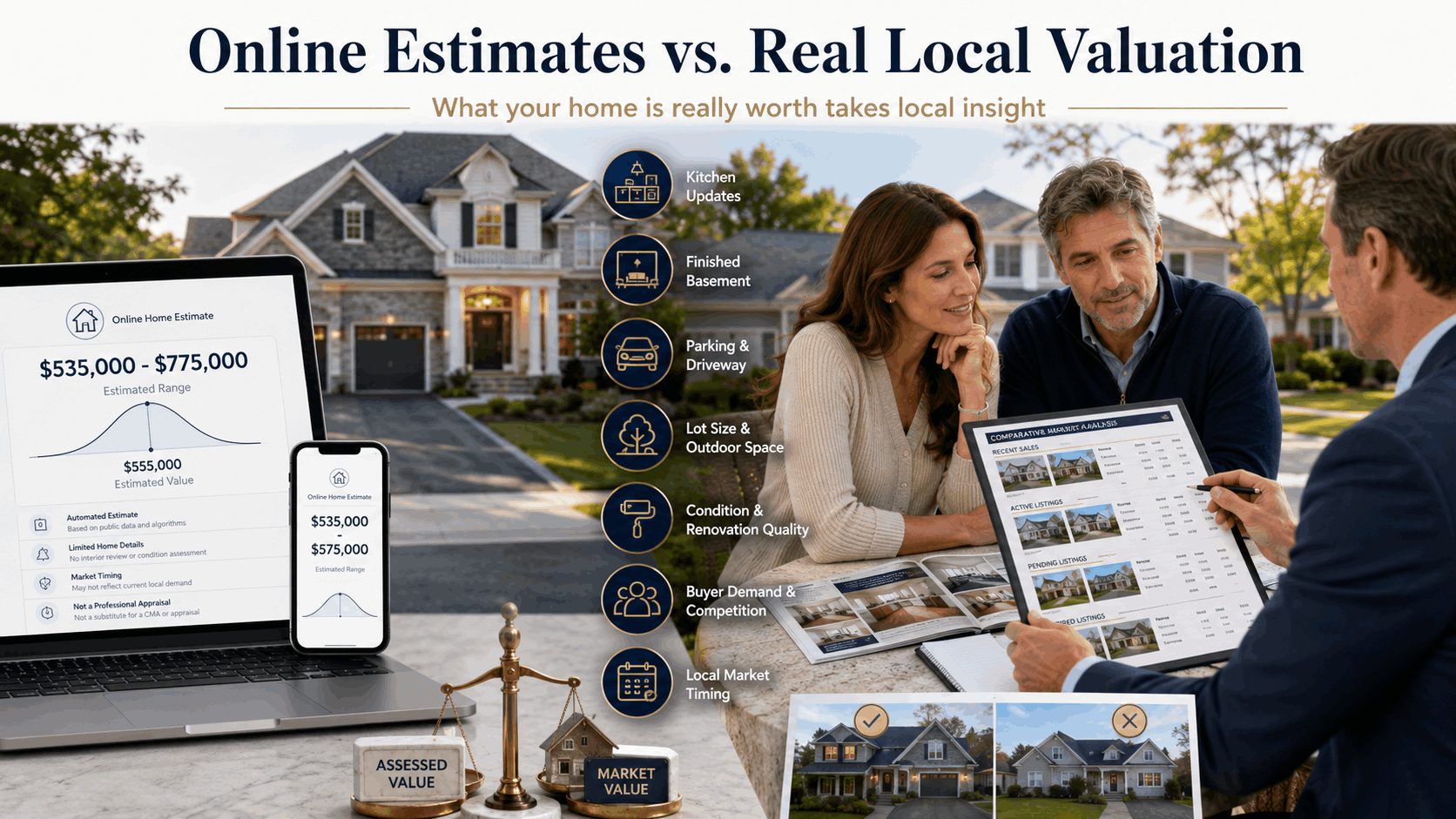North Jersey home valuation comparison showing online estimate versus local CMA review, with assessed value, market value, comparable sales, buyer demand, condition, parking, finished basement, renovation quality, and local market timing.