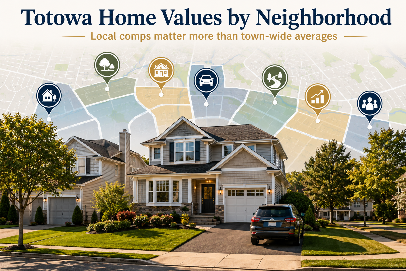 Totowa NJ suburban home with neighborhood map overlay showing local micro-markets, buyer demand, parking, lot size, home style, amenities, and comparable sales as factors in 2026 home values.