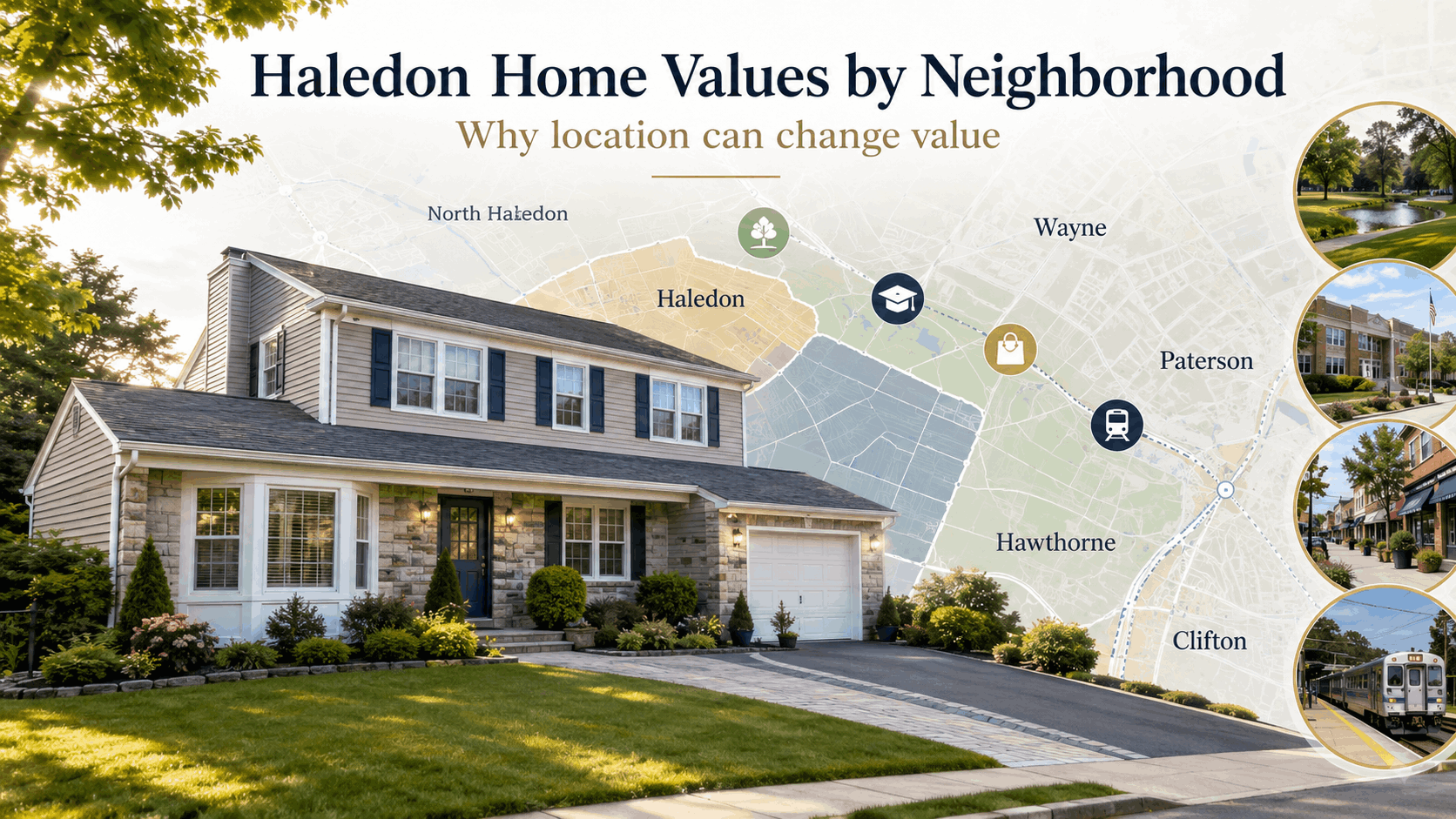 Haledon NJ home with neighborhood map overlay showing how location, nearby towns, parks, schools, shops, commuter access, parking, curb appeal, and micro-neighborhood demand can affect home values.
