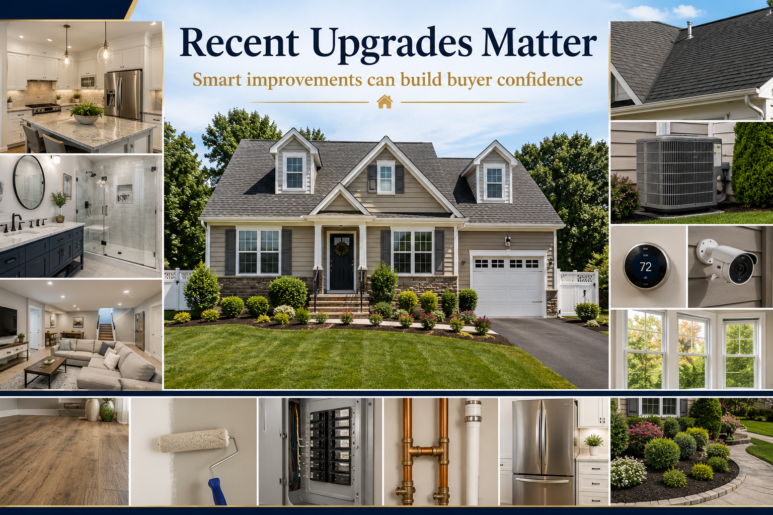 Haledon NJ home with recent upgrades and smart home features, including updated kitchen, renovated bathroom, newer roof, HVAC, smart thermostat, security camera, energy-efficient windows, fresh flooring, finished basement, and clean landscaping that help build buyer confidence.
