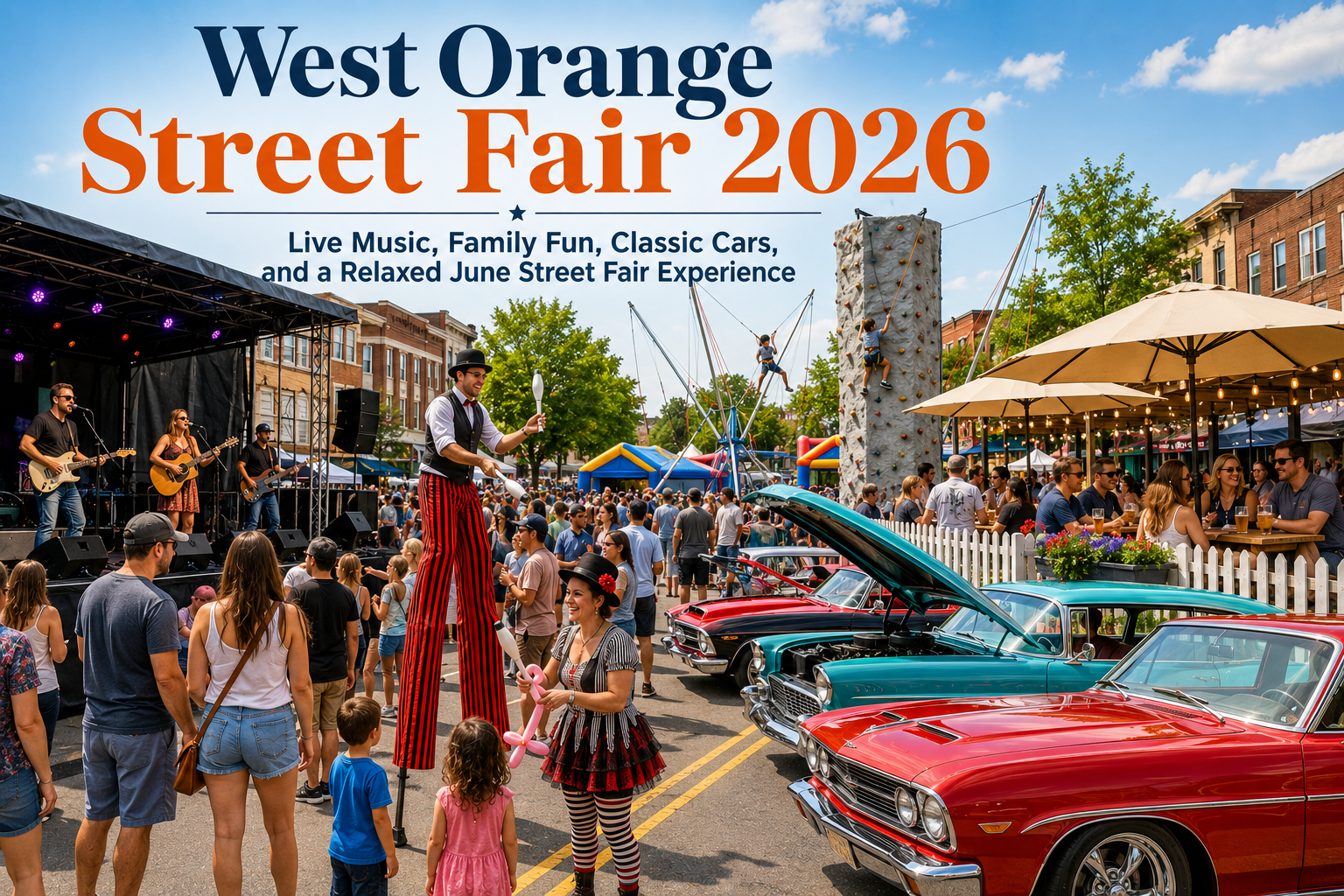 West Orange Street Fair 2026 featuring live music, street performers, family activities, a beer and wine garden, and classic cars on Main Street in West Orange, NJ.