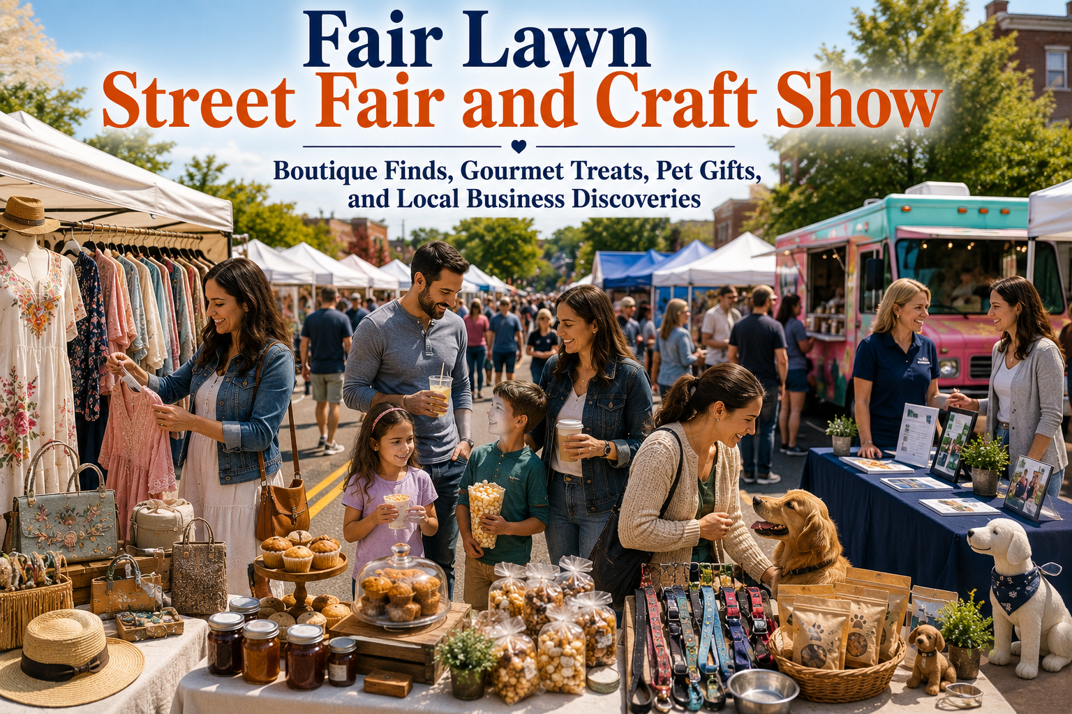 Fair Lawn Street Fair and Craft Show featuring boutique clothing, gourmet treats, pet gifts, food vendors, local business booths, and families shopping in Fair Lawn, NJ.