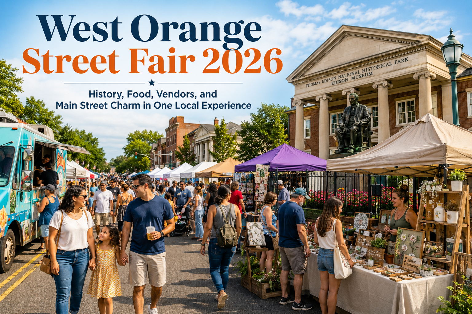 West Orange Street Fair 2026 on Main Street near the Thomas Edison Museum, featuring food trucks, craft vendors, families, local shopping, and community activity in West Orange, NJ.