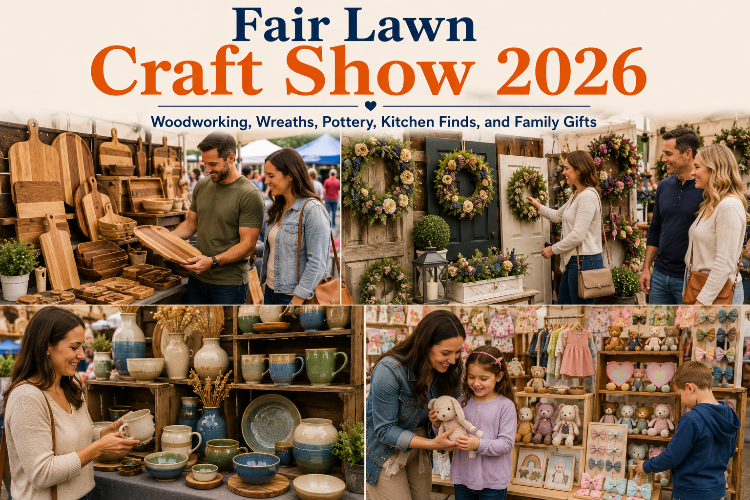 Fair Lawn Craft Show 2026 featuring woodworking, seasonal wreaths, pottery, handmade kitchen items, children’s gifts, and families browsing local craft vendor booths in Fair Lawn, NJ.