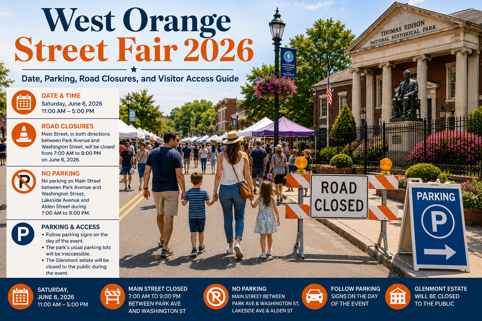 West Orange Street Fair 2026 visitor guide showing Main Street road closures, no parking areas, parking access signs, event date and time, and Thomas Edison National Historical Park in West Orange, NJ.