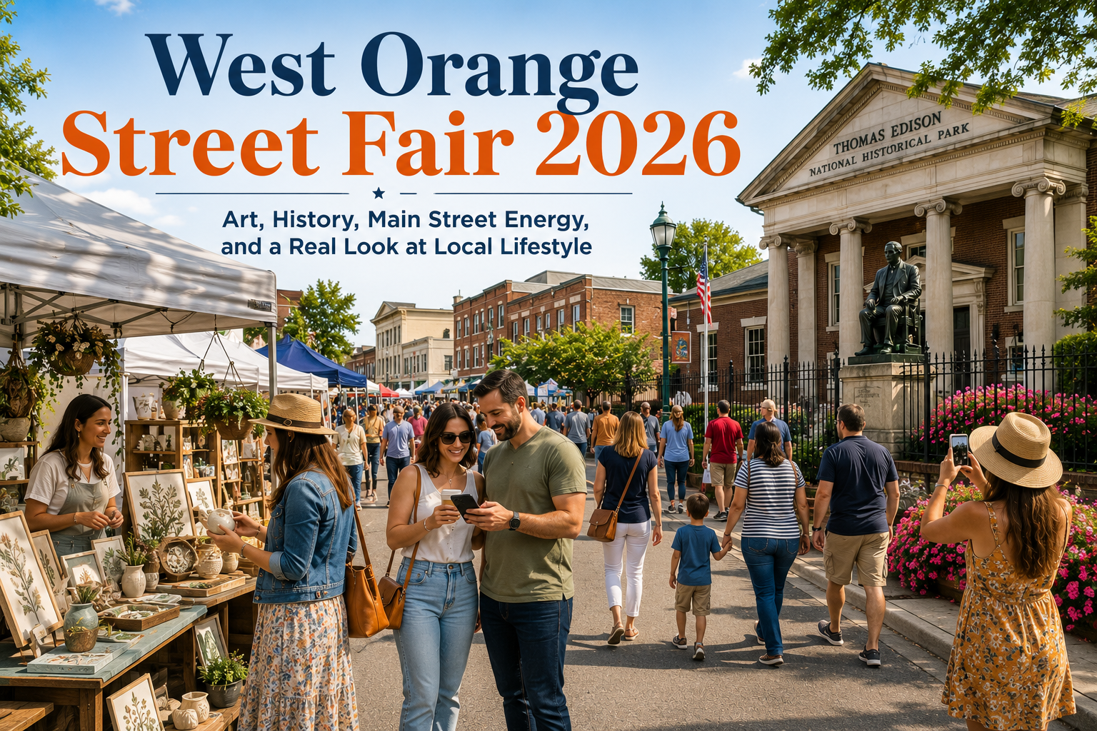 West Orange Street Fair 2026 near Thomas Edison National Historical Park with local art booths, craft vendors, families taking photos, and Main Street community energy in West Orange, NJ.