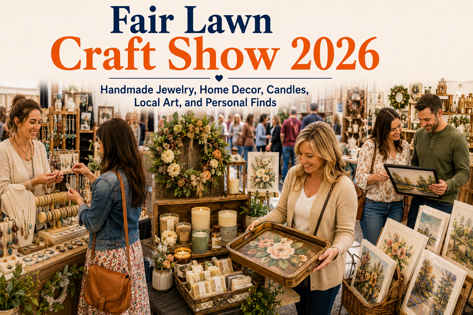 Fair Lawn Craft Show 2026 featuring handmade jewelry, home decor, candles, soaps, local art prints, and shoppers browsing craft vendor booths in Fair Lawn, NJ.